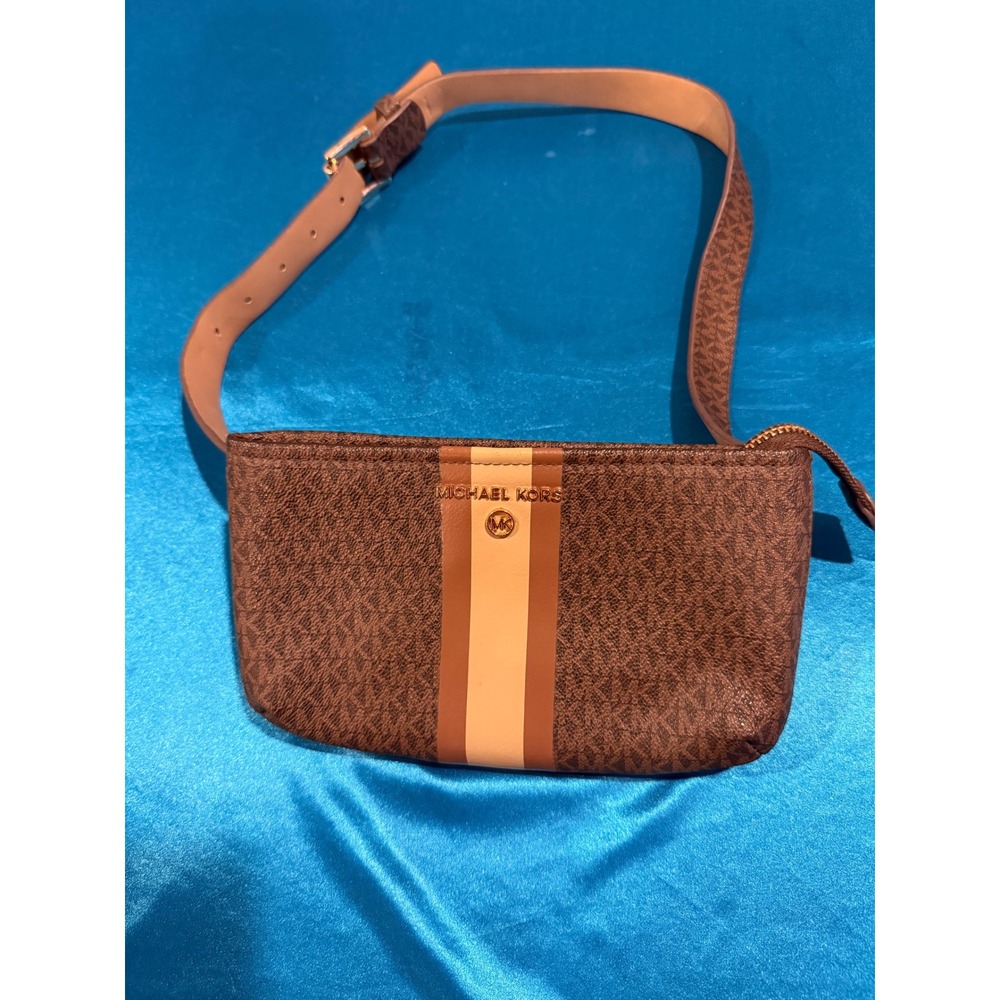Michael Kors Jet Set Signature Logo Center Stripe Crossbody Bag Brown Tan